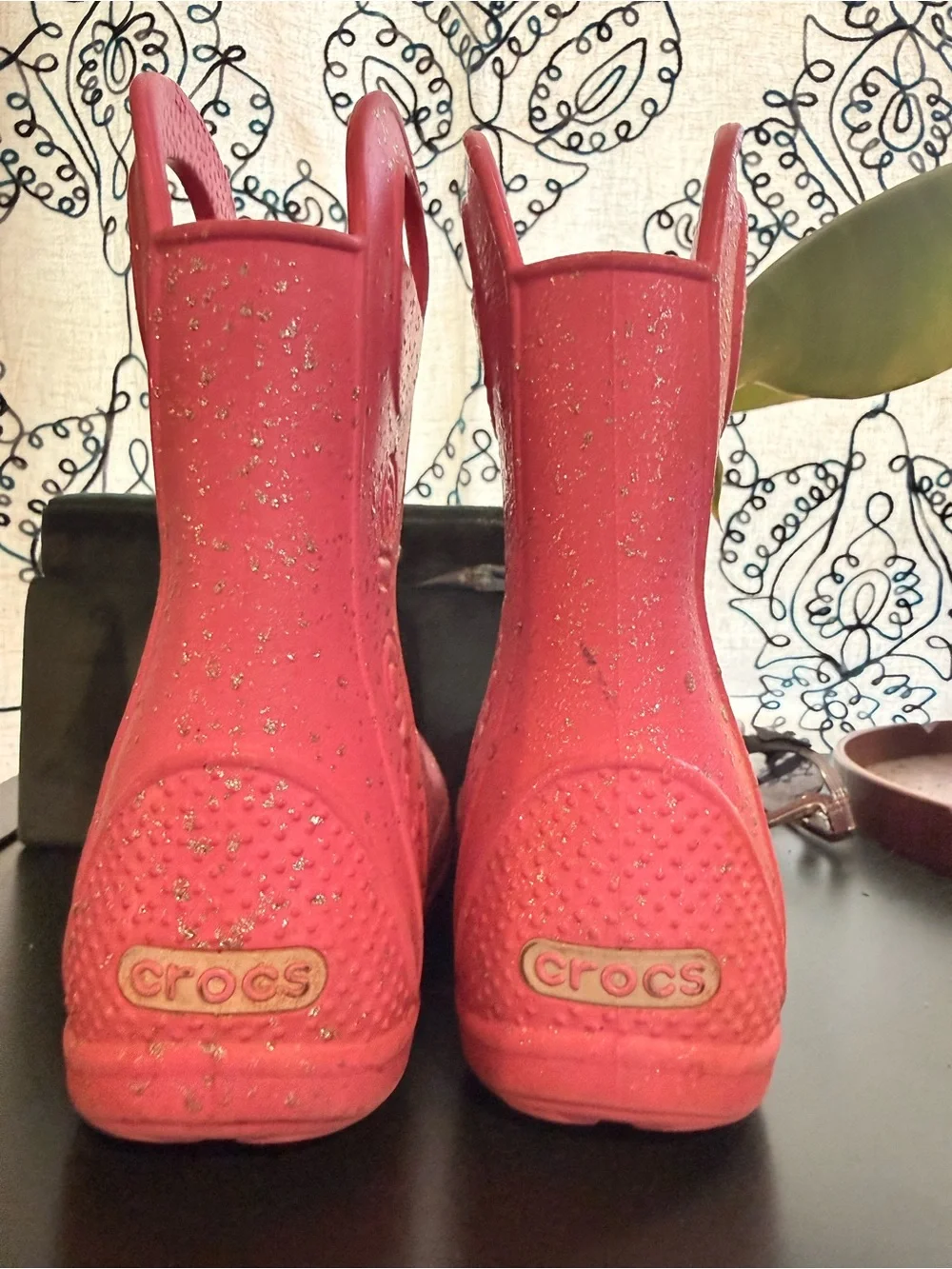 CROCS Kids' Hot Pink Glitter Handle Rain Boots